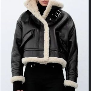 Zara faux leather fleece collar jacket - size S